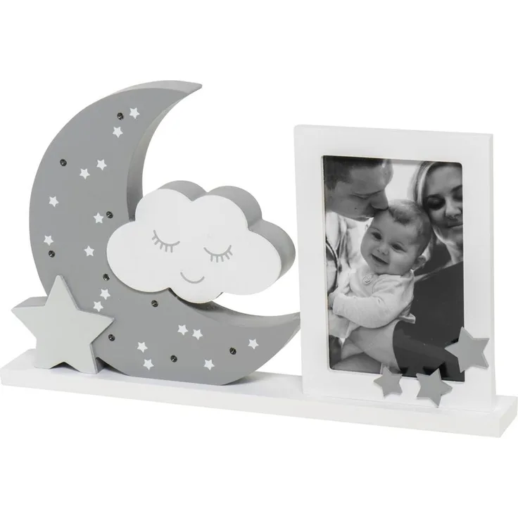 Dooky Moonlight Bilderrahm LED Warm Grey 10x15cm - Fotorahmen Mit Lichtern aus MDF Holz für Kinder & Baby -