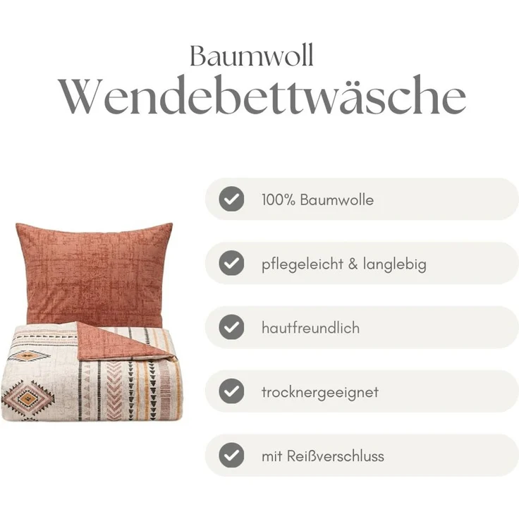 Renforce Bettwäsche mit Reißverschluss - Wendebettwäsche aus 100% Baumwolle, Bohomuster 200x200 cm + 2 x 80 x 80 cm – Bild 3