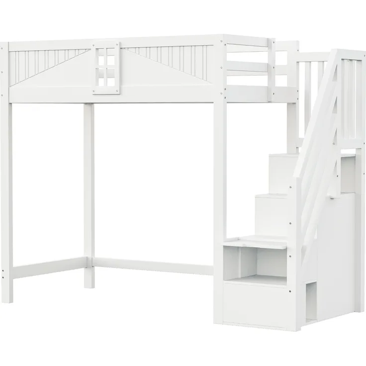 Bett 90x200 cm Hochbett aus Massivholz mit Stauraum und Sicherheitsgeländer