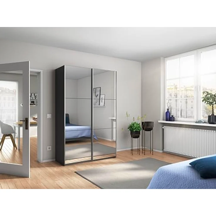 Rauch Möbel Reflect, Kleiderschrank mit Spiegel für Schlafzimmer, Wohnzimmer, Kinderzimmer, Flur, Garderobe, 2-türig, 2 Spiegeltüren, mit weiterem Zubehör, Farbe Grau metallic, Schwarz, 131x191x59cm – Bild 2