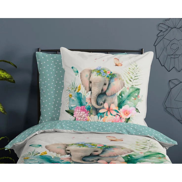 Good Morning Renforcé Bettwäsche 135 X 200 cm + 1- 80 X 80 cm Eli flowers with an elephant bunt – Bild 2