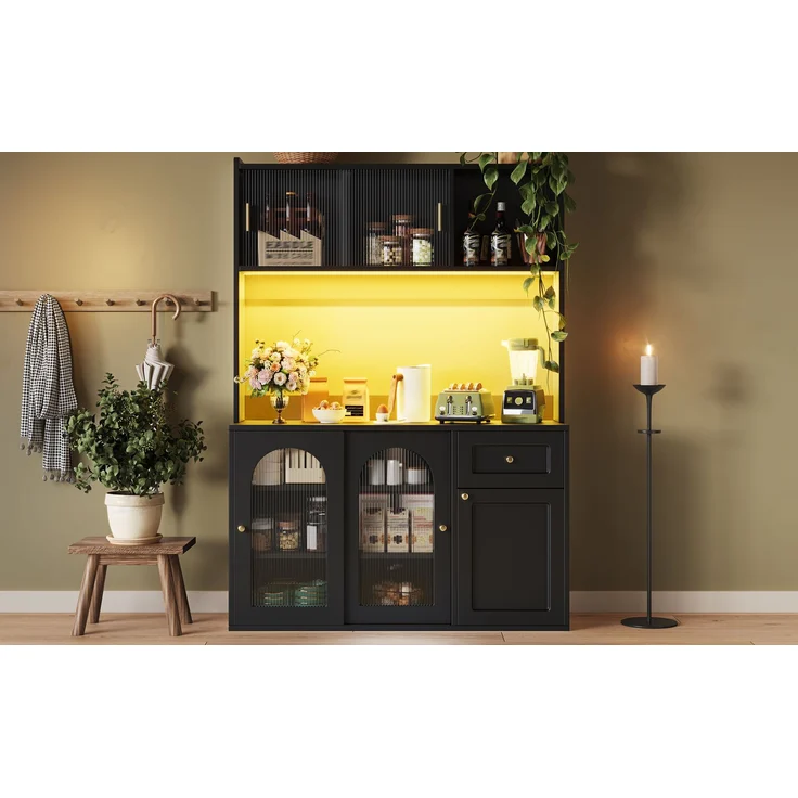 Küchenschrank, Hochschrank, Vitrinenschrank, Buffetschrank mit Verstellbaren Ablagen, Esszimmerschrank, Sideboard mit LED-Beleuchtung, schwarz--Schwarz--120x35x167cm--YOUDENOVA – Bild 7
