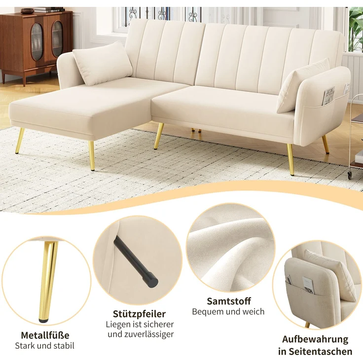 Merax Modernes Klappsofa, L-förmiges Sofa, Schlafsofa mit Zusatzecke, Ecksofa mit Schlaffunktion, Beige – Bild 5