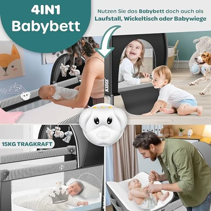KIDIZ® Babybett Reisebett Kinderreisebett Faltbar mit Matratze 120x60, Seiteneingang, Wickelauflage, Mosktionetz, Spielbogen & Tragetasche Baby Beistellbett Kinderbett ab Geburt bis 15 kg Schwarz – Bild 6