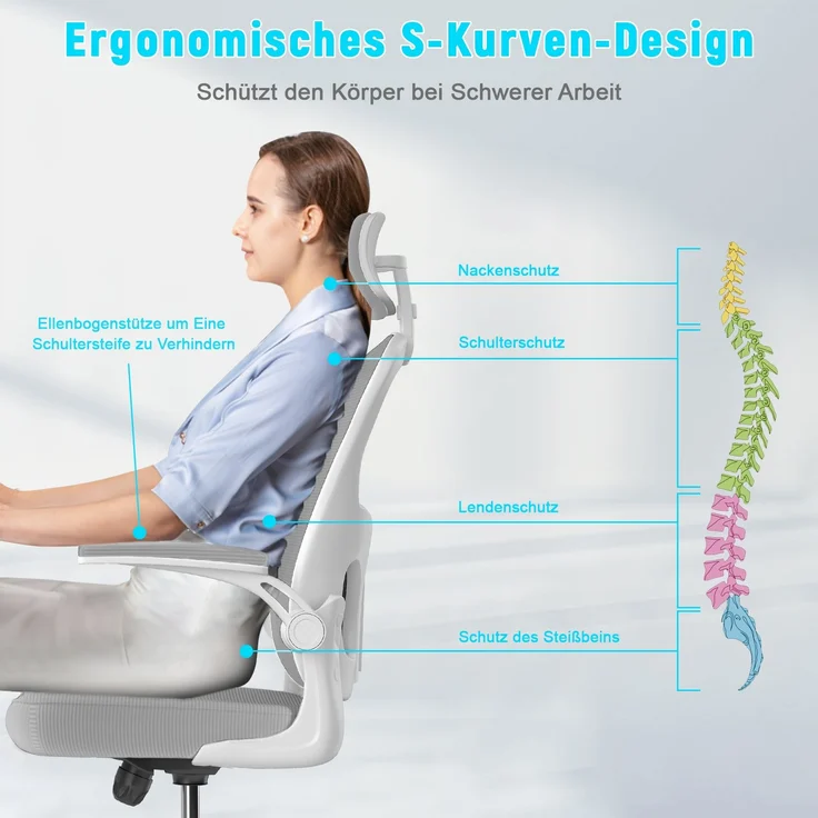 Botifly Ergonomischer Bürostuhl mit Kopfstütze, Mesh-Gewebe, Grau, 90°-120° Wippfunktion, 10 cm Höhenverstellbar, mit Lendenwirbelstütze, 52 x 26 x 57 cm – Bild 3