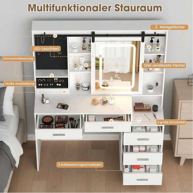 oyajia Schminktisch mit LED-Beleuchtung, Schiebespiegel (mit 5 Schubladen), 120*40*150cm Moderner,minimalistischer Stil Reichlich Stauraum Stabile – Bild 3
