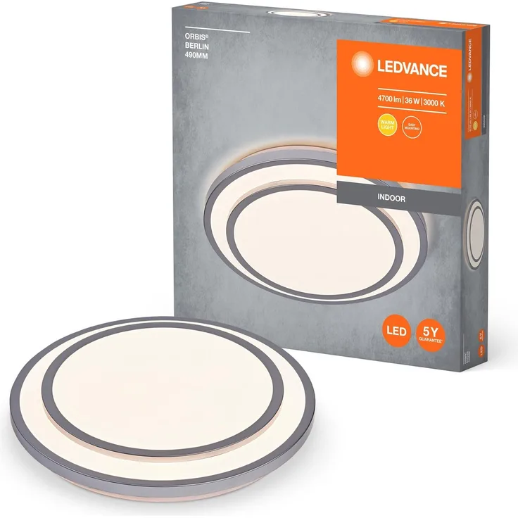 LEDVANCE ORBIS BERLIN LED-Deckenleuchte 490mm, silber, 36W, 4150lm, warmweiße Lichtfarbe, sehr homogene Lichtverteilung, lange Lebensdauer, fest verbautes LED-Modul, rund, IP20 Schutzklasse, 3000K