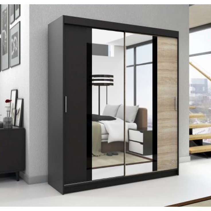 Schwebetürenschrank BRANI 2-türig Schrank 120 cm (mit Spiegel) Farbe: Schwarz , sonoma