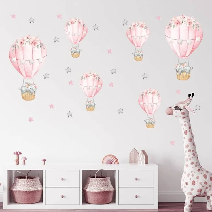 Montegoni Wandsticker 30 x 90 cm Rosa schlafender Babyelefant mit Heißluftballon, Abziehbare Wandsticker mit süßem Design, leicht anzubringen