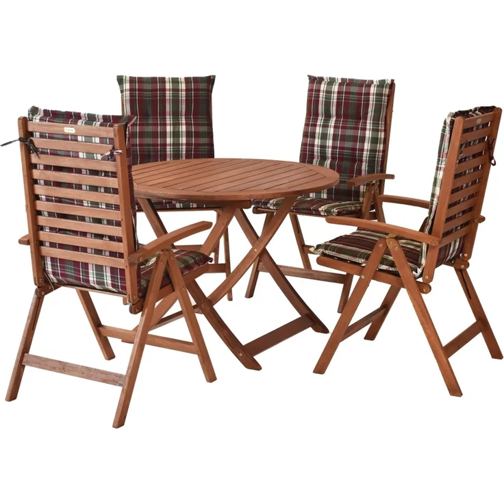 Borkum Gartenmöbel Set 9tlg, 4 Sessel, 4 Auflagen, Klapptisch Ø 100 cm, Eukalyptus – Bild 1