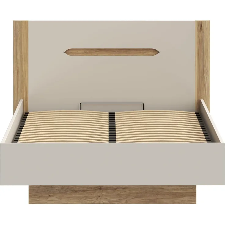 Forte EDWAL Bett Liegefläche 140 cm, modernes Bettgestell mit Stauraum unter dem Lattenrost, Holzwerkstoff, Kaschmir |Beige Holzdekor, 156,2 cm breit x 105,7 cm hoch x 206,6 cm tief