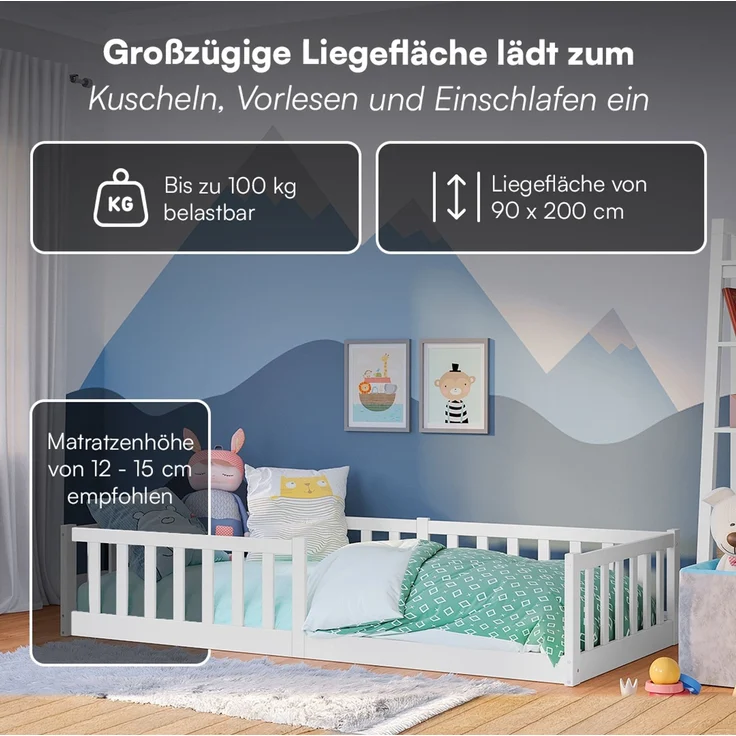 Bellabino 'Vere' Bodenbett 90x200 cm, weiß, Massivholz Kiefer, Montessori Kinderbett mit Rausfallschutz und Lattenrost – Bild 5