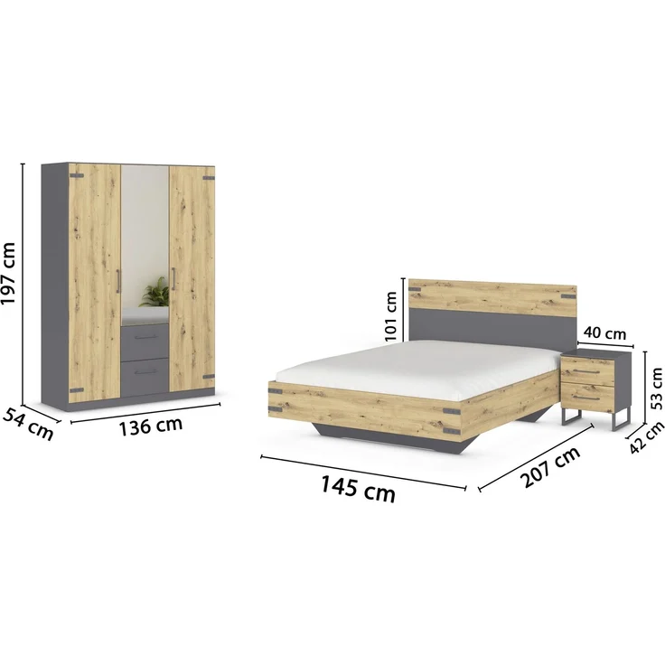 Schlafzimmer-Set >Butte< (3-teilig) in grau metallic / Eiche Artisan Dekor – Bild 5
