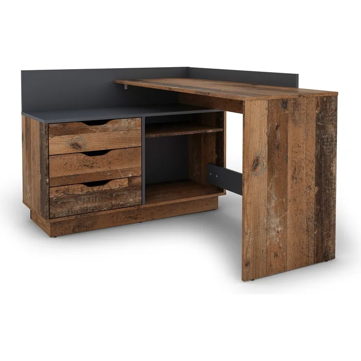 Winkelschreibtisch >BELFAST< in Old-Wood/Anthrazit 129 x 83,5 x 105 cm (BxHxT)