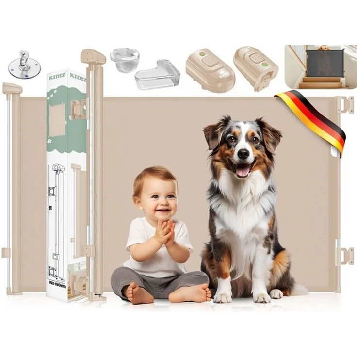 KIDIZ® Treppenschutzgitter Türschutzgitter ausziehbar bis 140/180cm | kindersicheres Treppengitter für Babys & Haustiere | Schutzgitter Treppen & Türen Absperrgitter inkl. Bodenanker & Montagezubehör Beige, 0-140cm – Bild 4