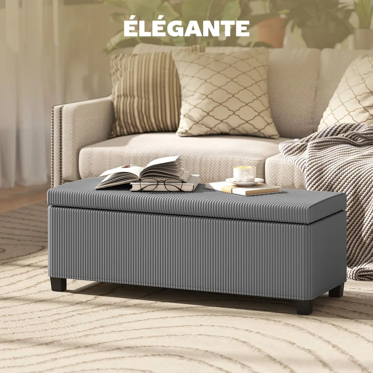 Aufbewahrungsbank aus Cord mit Deckel, für Wohnzimmer, Schlafzimmer, Flur, 112 x 42 x 40 cm, grau – Bild 6