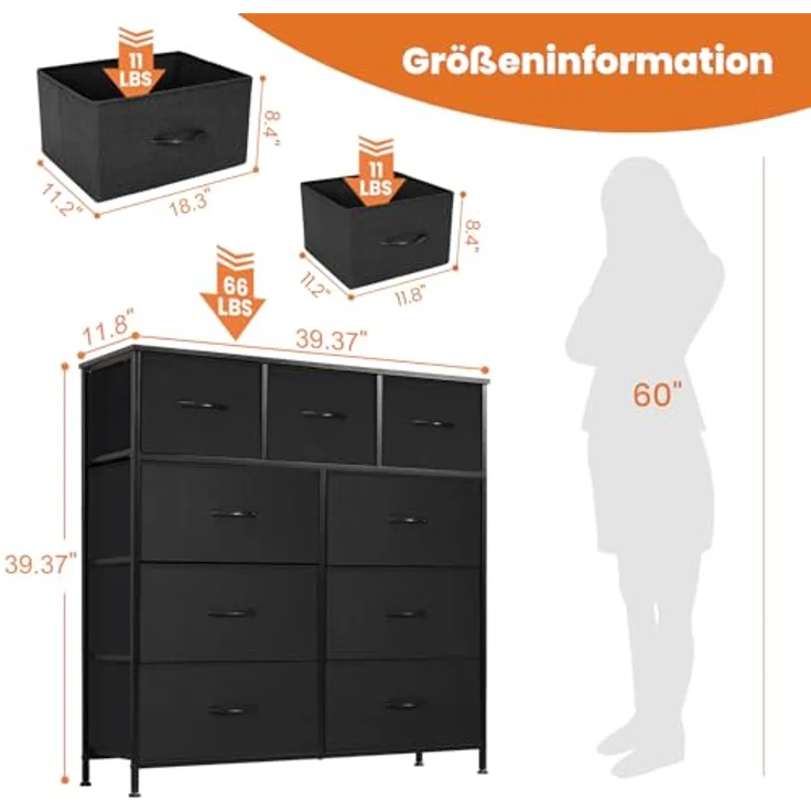 Sweetcrispy Kommode für Schlafzimmer, breite Schublade Kommode, 9 Stoffschubladen mit Griffen, Schubladen aus Stoff, Schrank, TV Stand für Schlafzimmer, Schrank, Wohnzimmer, Kinderzimmer – Bild 4