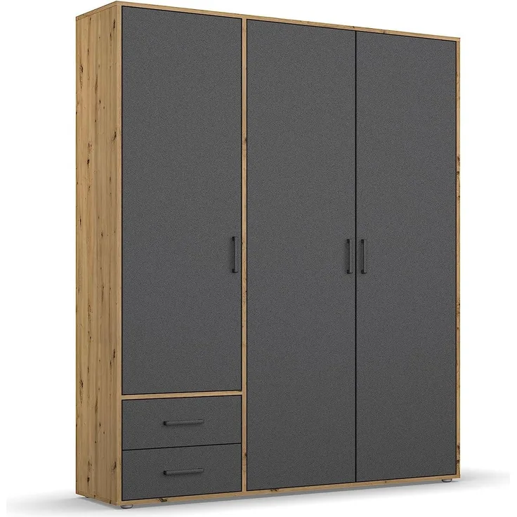 Rauch Möbel Voyager Schrank Kleiderschrank Drehtürenschrank, Graumetallic/Eiche Artisan, 3-türig mit 2 Schubladen, inkl. 1 Kleiderstange, 3 Einlegeböden BxHxT 140x194x53 cm