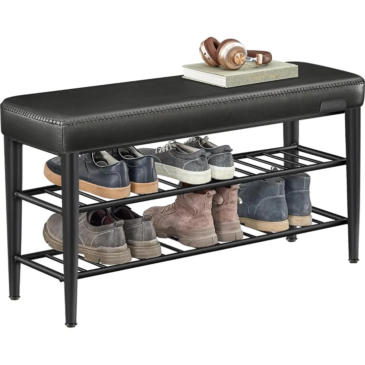 VASAGLE EKHO Kollektion - Schuhbank, Sitzbank, Sitztruhe, Eingangsbereich, Kunstleder, Nähte, Mid-Century-Modern-Stil, modern, bis 135 kg belastbar, 30 x 100 x 50 cm, tintenschwarz LSB113B01