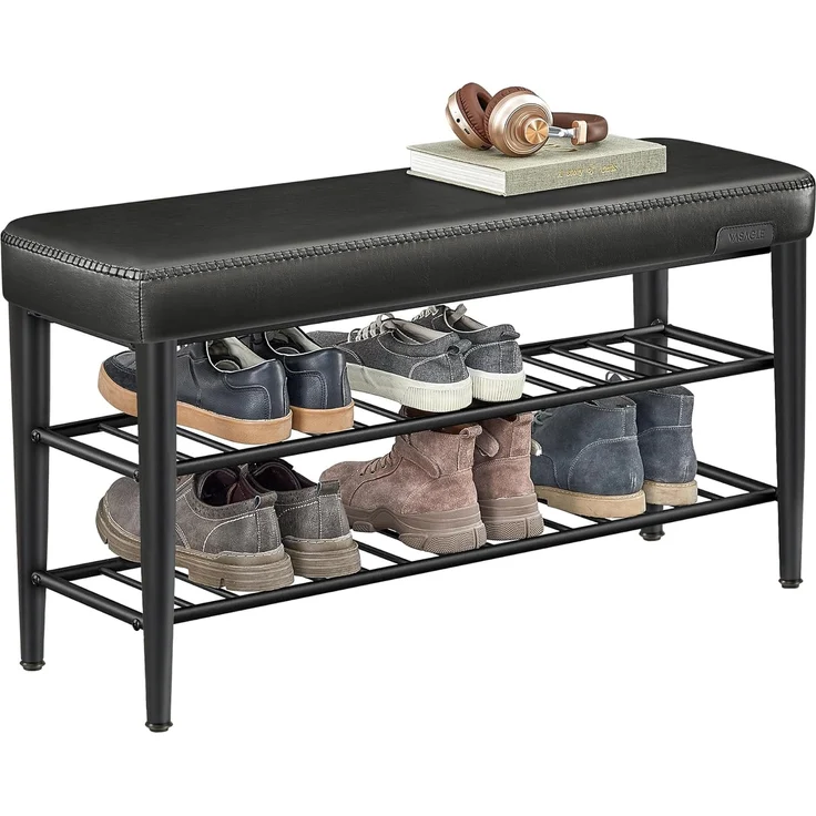 VASAGLE EKHO Kollektion - Schuhbank, Sitzbank, Sitztruhe, Eingangsbereich, Kunstleder, Nähte, Mid-Century-Modern-Stil, modern, bis 135 kg belastbar, 30 x 100 x 50 cm, tintenschwarz LSB113B01 – Bild 1