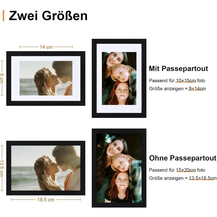 3er-Set Bilderrahmen 15x20cm Schwarz Holzrahmen mit Passepartouts – Bild 2