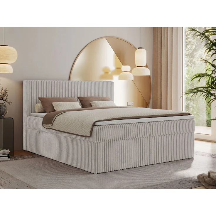 Boxspringbett mit Kopfteil und Topper T25, Cord Bett - TILIANO - 180 x 200 cm - Hellgrau Cord - H3 – Bild 1