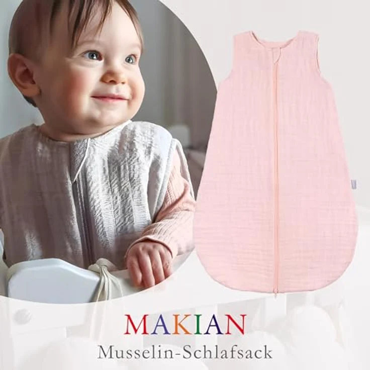 Makian Musselin-Schlafsack, leichter Sommerschlafsack aus 100% Baumwolle, TOG 1.0, Puder, Gr. 90 cm – Bild 8