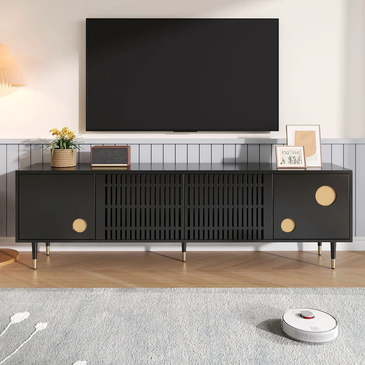 TV-Schrank aus MDF mit 4 Türen & Kabelmanagement, 170x36x54 cm, Schwarz – Bild 1