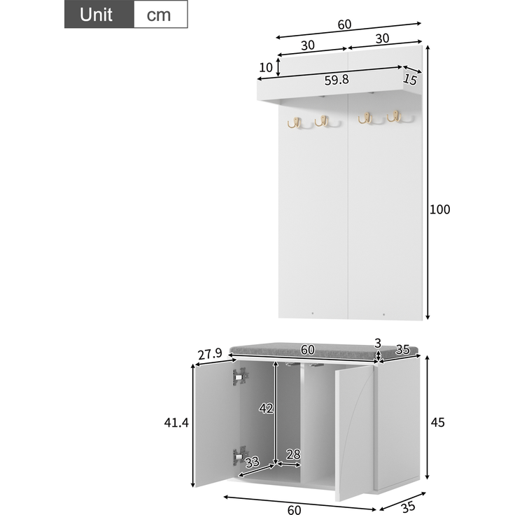 Garderoben-Set 60x35x(45+100) cm in Weiß, 3-in-1 mit Schuhschrank, Haken und Schuhbank – Bild 5