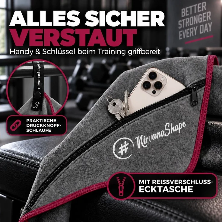 NirvanaShape Sporthandtuch NirvanaShape Mikrofaser Fitnesshandtuch mit Ecktasche und Knöpfen, saugfähig, leicht, schnelltrocknend, für Reisen, Fitness, Yoga, Sauna – Bild 3