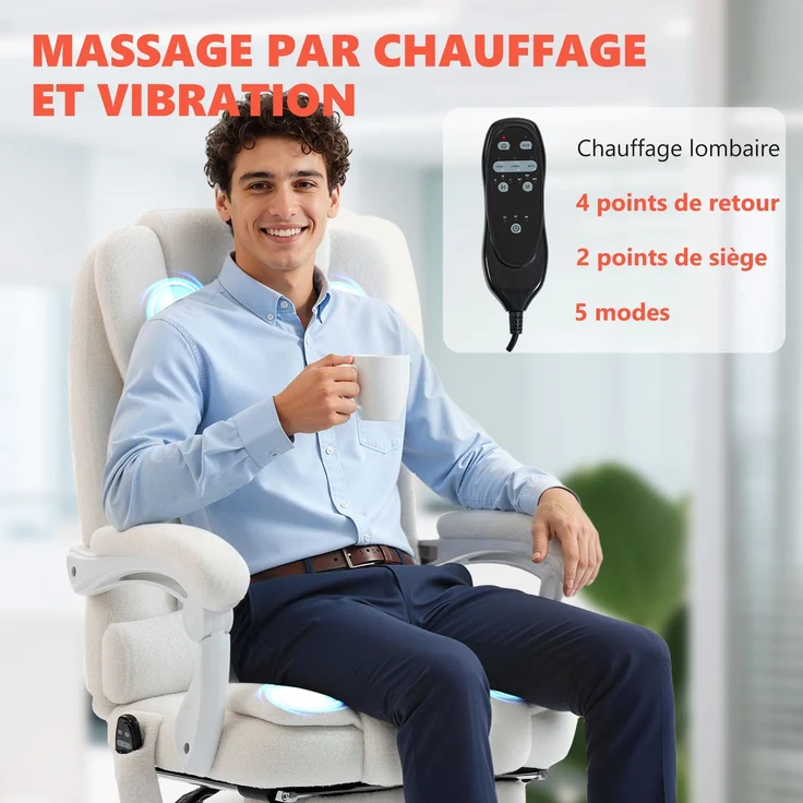 MELAYR, Chefsessel mit Massagefunktion, Heizung, höhenverstellbarer Rückenlehne, 77 x 35 x 65 cm, Weiß – Bild 6