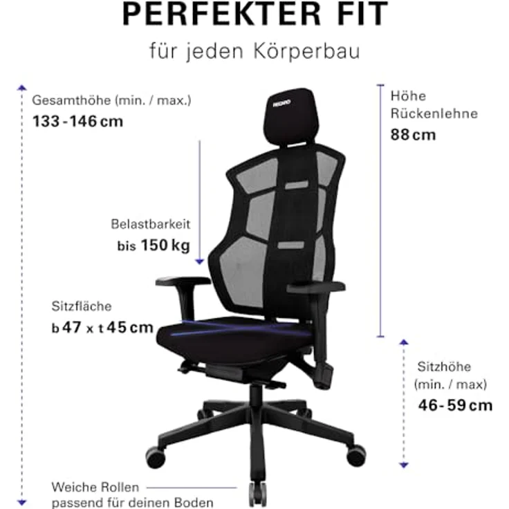 RECARO AER Gamingstuhl – Ergonomischer Gaming Chair | Premium-Polsterschaum | ideal auch als Bürostuhl oder Schreibtischstuhl | individuell einstellbar | 150 Kg – Midnight Black – Bild 2