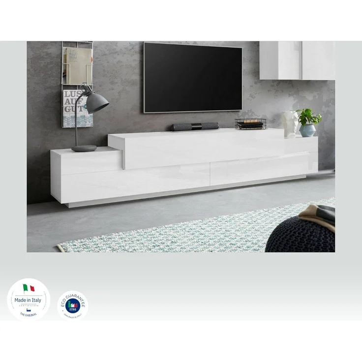 Dmora - TV-Schrank Nico, niedriges Wohnzimmer-Sideboard, Fernsehständer-Basis, 100% Made in Italy, 240 x 45 x 52 cm, glänzendes Weiß, – Bild 6