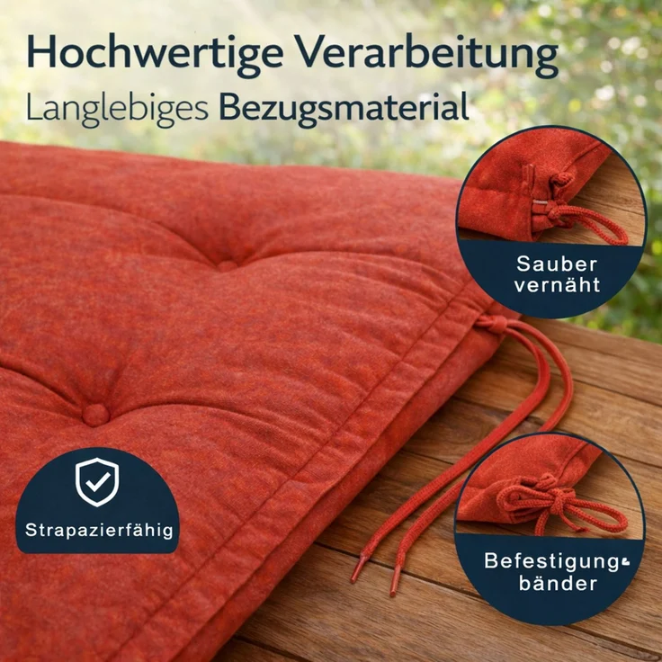 BURI 2x Hochlehner Auflage 117x49x6 cm - wetterfeste Gartenstuhlauflage mit Schaumkern & Vollvlies, Halteband & Bindebänder, bequemes Stuhlpolster für Balkon, Terrasse & Garten (Rot) – Bild 6