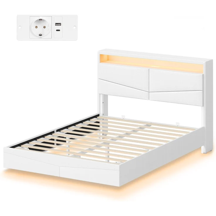 Halupeit Schwebebettgestell aus cremefarbenem Leinen mit integriertem Stauraum am Bett, stimmungsvoller LED-Beleuchtung und integrierter Steckdosenleiste; 210,5 × 146,5 × 110,0 cm – Bild 2