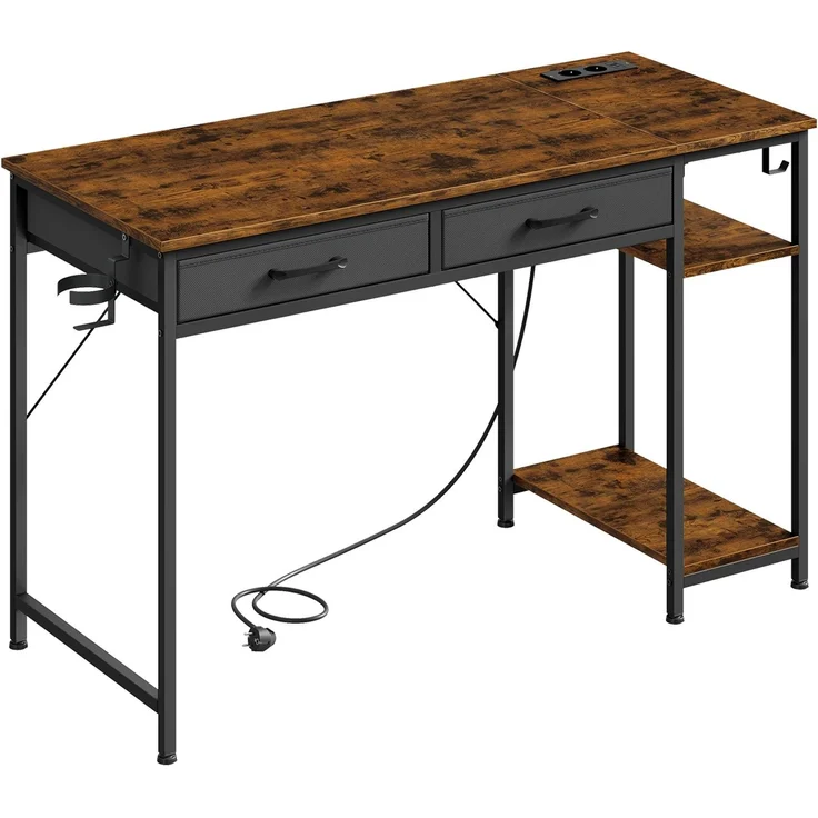 Schreibtisch 120x51x75 cm in Rustik Braun mit 2 Stoffschubladen und Ladestation – Bild 6