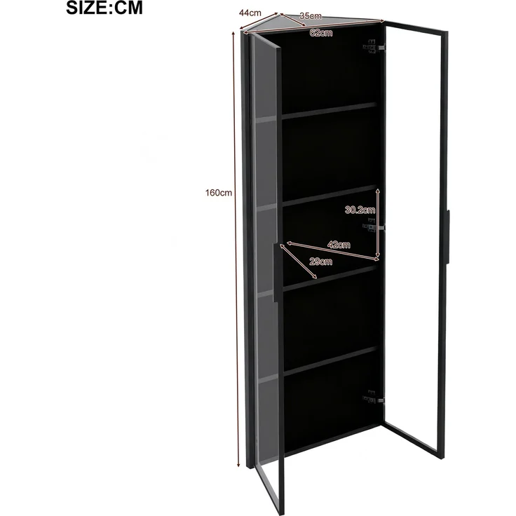 Eckvitrine 62x35x160 cm in Schwarz mit LED-Beleuchtung und Soft-Close-Türen – Bild 5