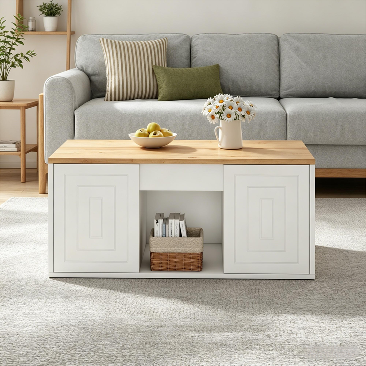 Couchtisch 46 x 95 x 45 cm, mit Höhenverstellung, in Holzoptik, Konstruktion aus Spanplatte, Weiß / Naturfarben – Bild 14
