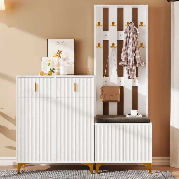 DESVIAE Schuhschrank-Set mit Garderobe, Schubladen und Sitzkissen, Spanplatte, Weiß, 60,5x180,5x35,2 cm + 83x101x35 cm – Bild 3