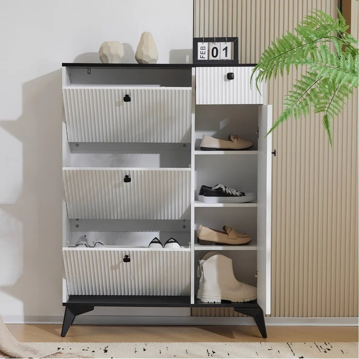 Merax Schuhschrank mit 3 Klappen Schuhregal mit Tür und Schublade,Sideboard Schuhkipper H121/B90/ T25cm – Bild 2