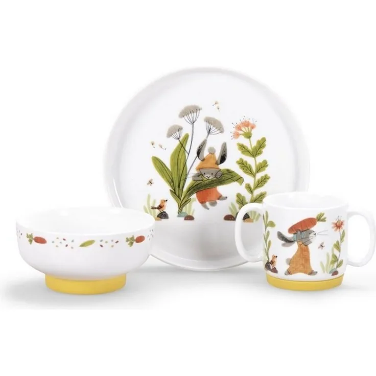 Moulin Roty Kindergeschirr-Set Porzellangeschirr-Set Trois Lapins Teller Schüssel Tasse Silikonboden