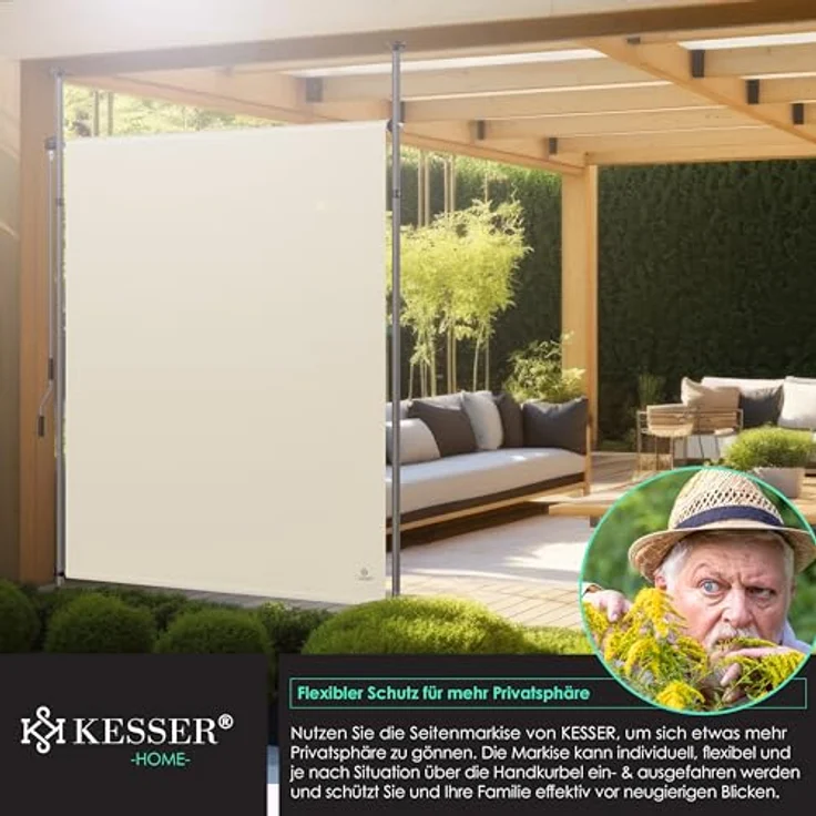 KESSER® Klemmmarkise Senkrechtmarkise außen Ausziehbar & Blickdicht | Vertikalmarkise mit Handkurbel ohne Bohren | Balkon-Sichtschutz & Windschutz für Garten & Terrasse Wasserfest Beige, 120 x 310 cm – Bild 6