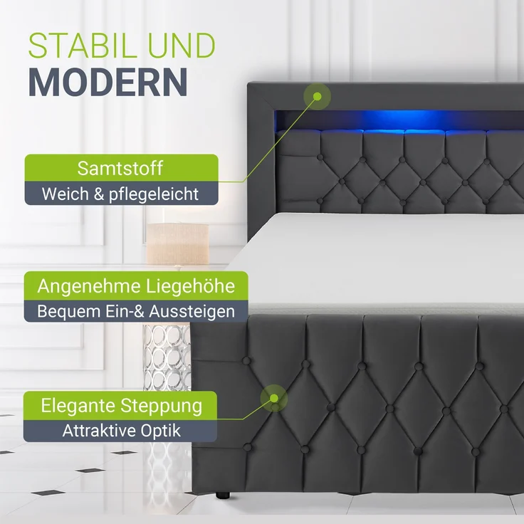 Juskys Boxspringbett Leona 180x200 cm - Bett mit LED Beleuchtung, Topper & H4 Federkern Matratzen - Doppelbett Grau mit Samt und Steppung – Bild 4