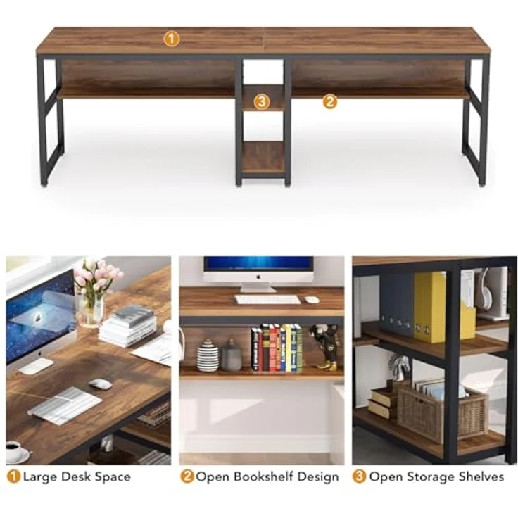 LITTLE TREE Schreibtisch Computertisch 240 x 75 x 60 cm, großer Schreibtisch aus Industriell Holz und Metall als Bürotisch Arbeitstisch für 2 Personen, ideal für Homeoffice Gaming, Braun – Bild 6