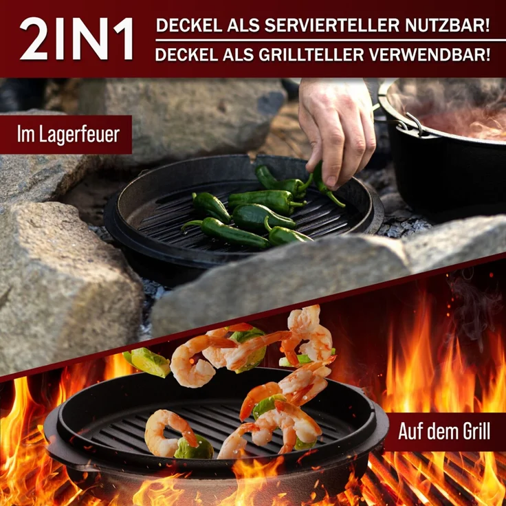 Dutch Oven 12 l ohne Füße aus Gusseisen – vorgebrannt mit Deckelheber & Edelstahl-Untersetzer inkl. Rezeptbuch für Grill Outdoor & Küche – Bild 4