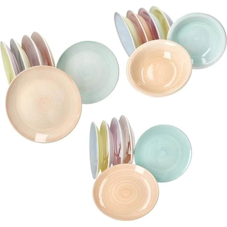 MamboCat Teller-Set 18tlg Tellerset Pastello 6 Pers. Essteller Kuchenteller bunt Teller, Steingut – Bild 4
