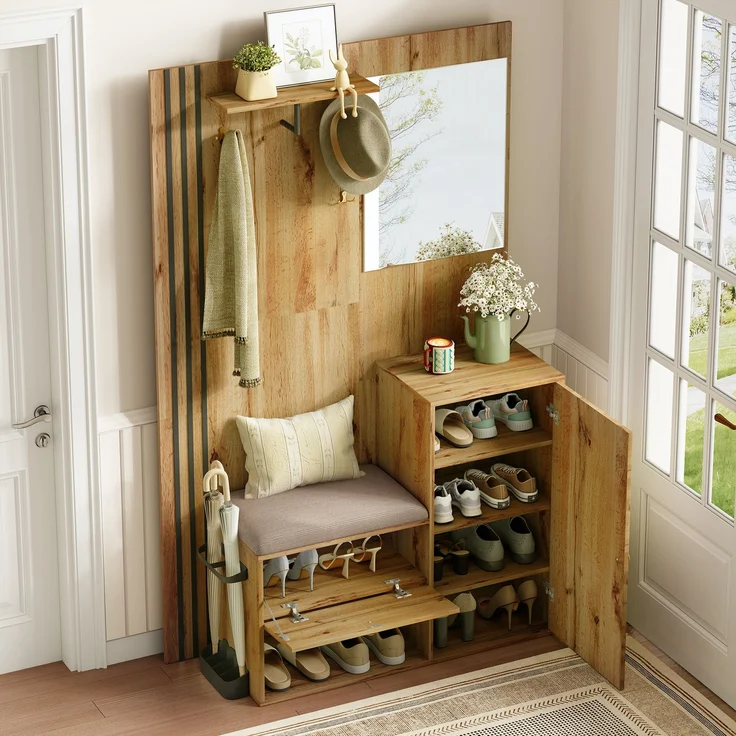 Flurgarderobe 115 x 37 x 185 cm mit Sitzbank,Spiegel, Kleiderstange,verstellbaren Regalen,Soft-Close – Bild 7