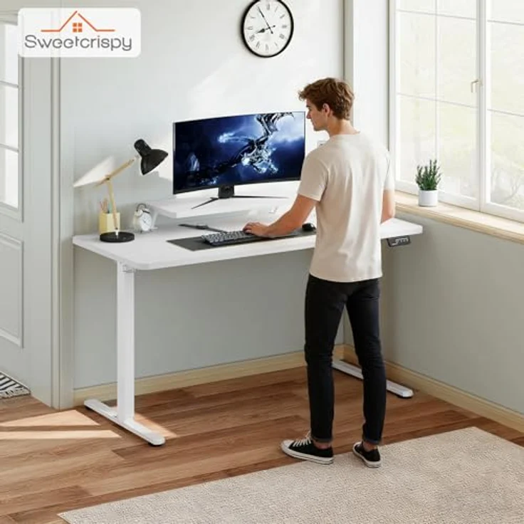 Sweetcrispy Höhenverstellbarer Schreibtisch mit Monitorständer, 160x60 cm Schreibtisch Höhenverstellbar Elektrisch, Ergonomischer Steh-Sitz Tisch, Computertisch Standing Desk, Weiß – Bild 9