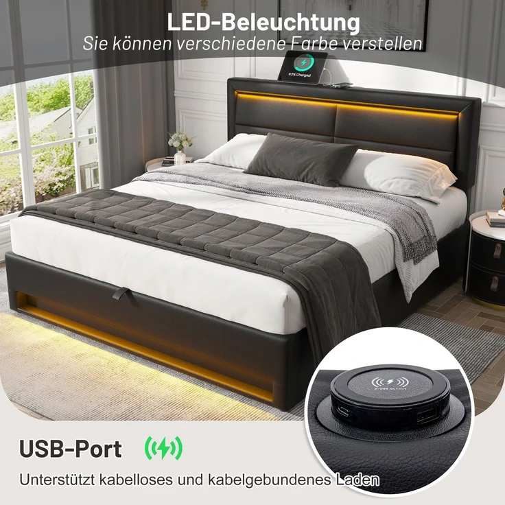 Merax Polsterbett, Doppelbett, 140x190 cm, mit USB-Anschluss (unterstützt kabelloses und kabelgebundenes Laden), LED-Beleuchtung und Stauraum, PU, schwarz – Bild 5