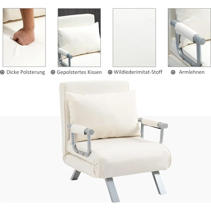 HOMCOM Sessel Schlafsofa mit Armlehne 3-in-1 Schlafsessel (Klappbett, 1-St, Klappmatratze), Kunstwildleder Creme, 65 x 69 x 80 cm – Bild 5